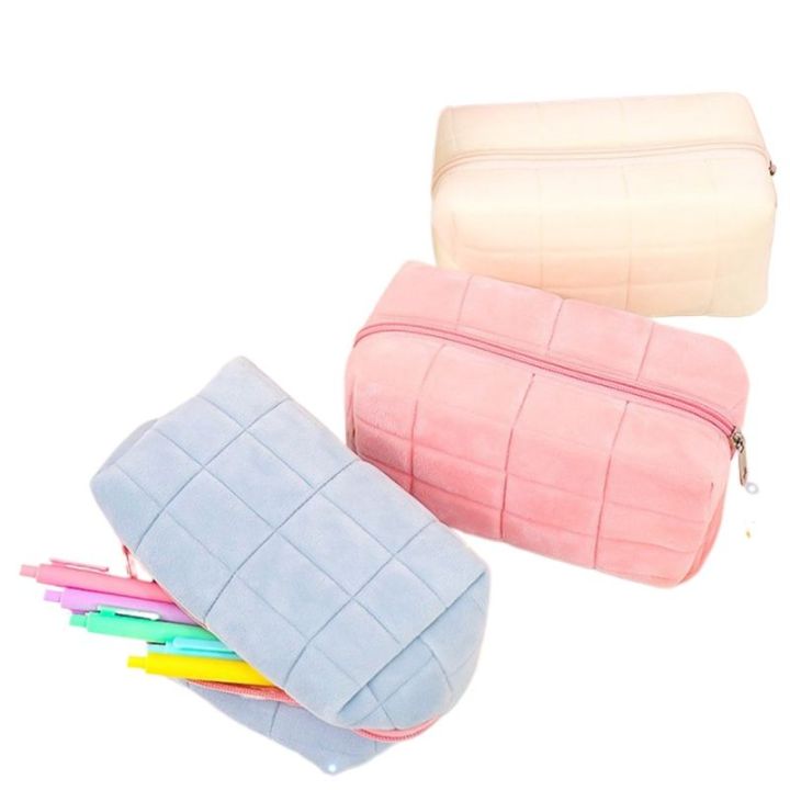 Large Capacity Pink Pencil Case Soft Velvet Zipper Cosmetic Bag