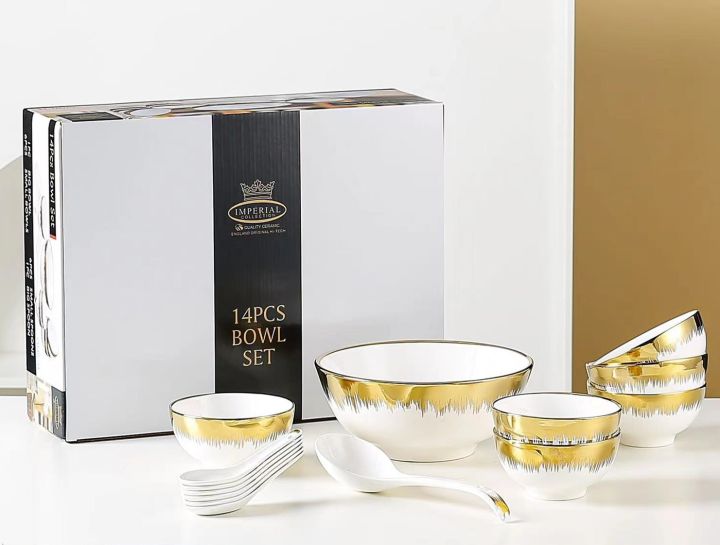 Golden Royal 14 Pcs Soup Bowl Set - Material Ceramic - Set of Soup Bowls / Sweet Bowls / Serving Bowls Set - (1 Big Bowl 1 Big Spoon 6 Small Bowls 6 Soup Spoons)