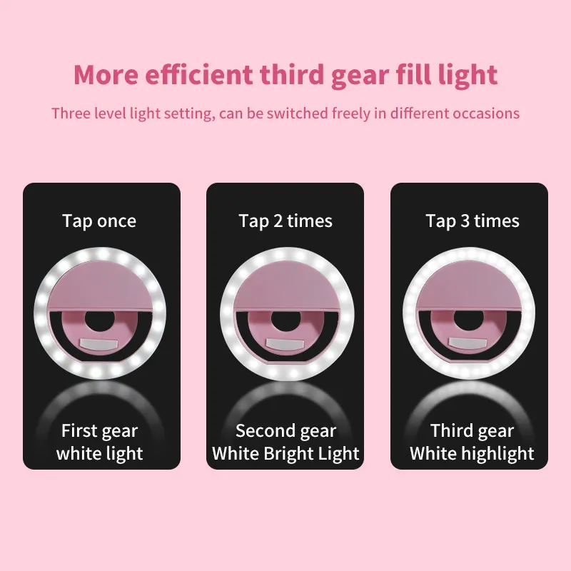 Mobile Selfie Ring Light – Portable Mini Selfie LED Lamp Ring Light for Mobile Phones – Rechargeable Ring Light with Charging Cable For Tik Tok and Photography - Brightness Adjustment Selfie Light With LED Camera Photography Flash Light for Smart phones