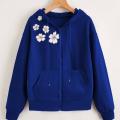 New Royal Blue Side Flower Printed Hoodie Zipper For Girls and Women. 