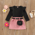 Baby Girl Clothes Set, Solid Color Long Sleeve Crew Neck Ruffle Tops + Elastic Waist A-Line Skirt + Pendant Bag. 