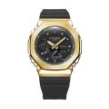 Casio G Shock 2100 Series Round Analog+Digital Gold Ion Plated Bazel World Time Stop Watch Hourly Time Signal Full Auto Calender 5 Daily Alarm Double LED Light Multi-Functions Black Resin Band Watch-GM-2100G-1A9DR. 