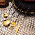 24pcs Gold & Black Gold Dinnerware Set Western 304 Stainless Steel Tableware Set Knife Fork Spoon Luxury Flatware Kitchen Set  Dishwasher Safe. 