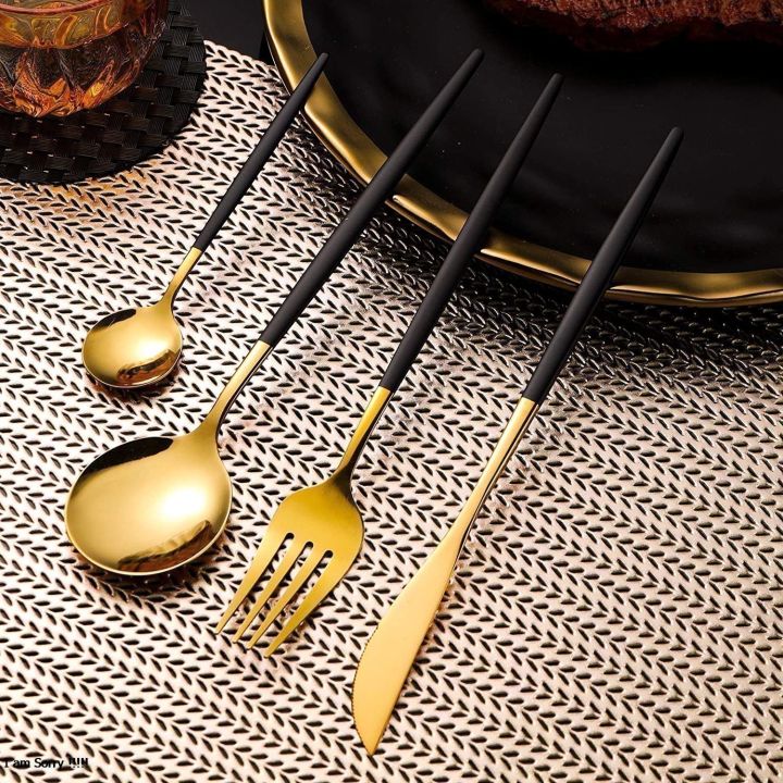 24pcs%20Gold%20&%20Black%20Gold%20Dinnerware%20Set%20Western%20304%20Stainless%20Steel%20Tableware%20Set%20Knife%20Fork%20Spoon%20Luxury%20Flatware%20Kitchen%20Set%20%20Dishwasher%20Safe%20-%20Image%202
