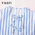 Bow Tie Front Blouse Chic Striped Print Tie-knot Ruffled Hem Top with Bow Tie Front Trendy O-neck Puff Sleeve Blouse for Streetwear Fashionistas in Asia Women Tie-knot Ruffled Babydoll Top. 