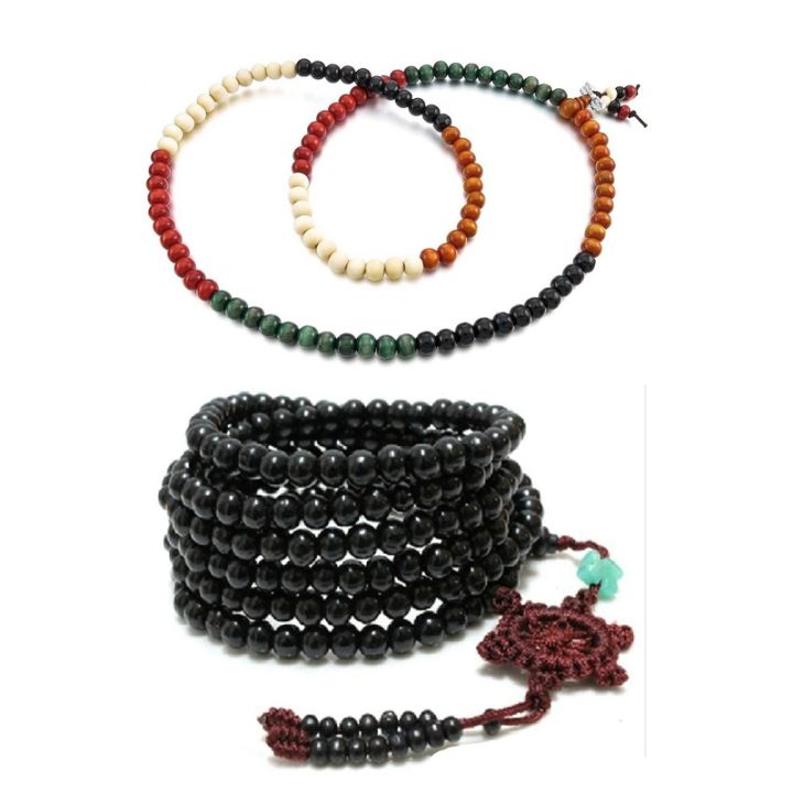 216pcs 41.7 Inch Beads Buddha Mala Buddhist Bracelet Necklace & 8mm Wood Link Bracelet Tibetan Colorful 108pcs Bead