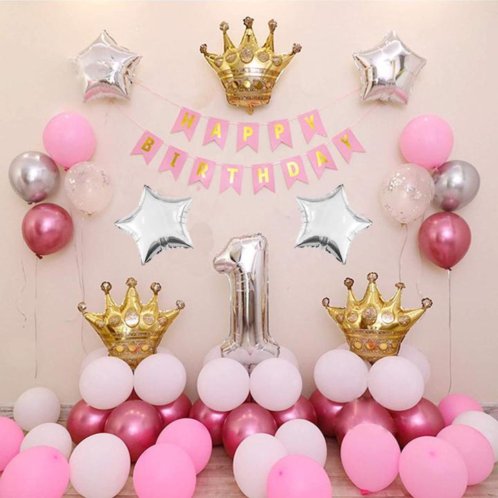 First Happy Birthday Pink Perfect Grand Theam Party Balloons For Girls B-Day Decorations-Pack Of 58