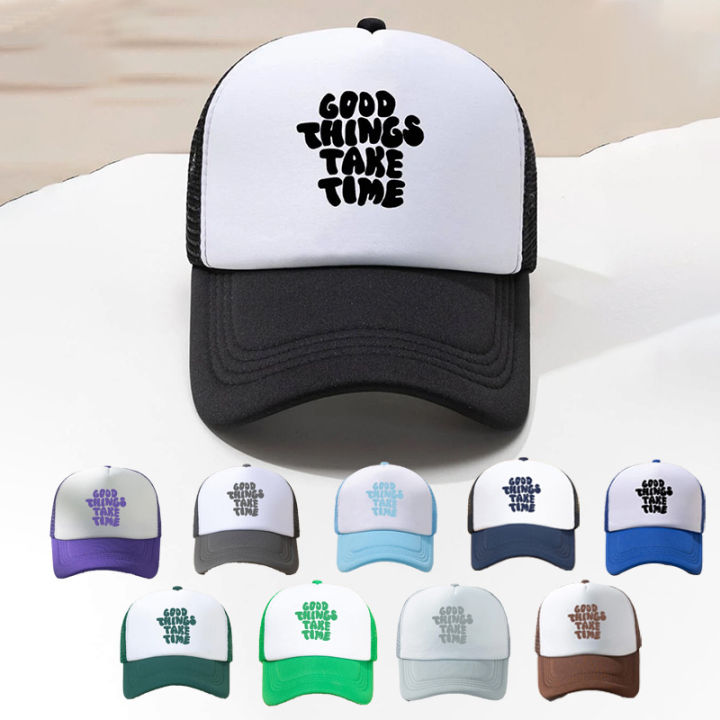 New Fashion All-Matching Printing GOOD THINGS TAKE TIME Color Matching Mesh Cap Outdoor Casual Sun-Proof Duck