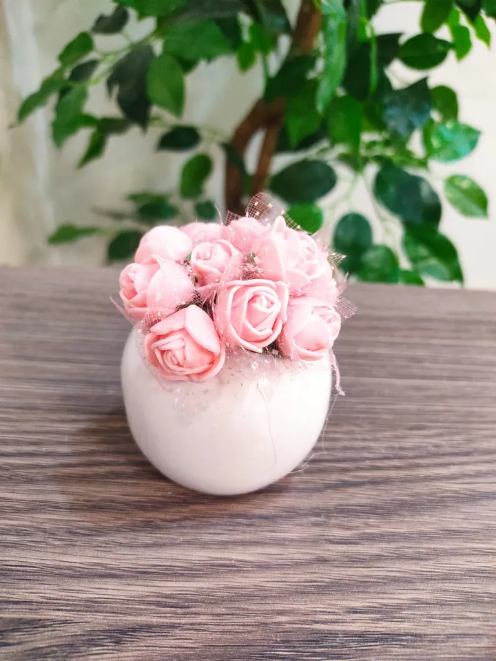 Small Ceramic Flower Vase, Decorative Round Vase, Plant Pot, Lifelike Mini  Artificial Flowers with White Ceramic Pot for Home Decor