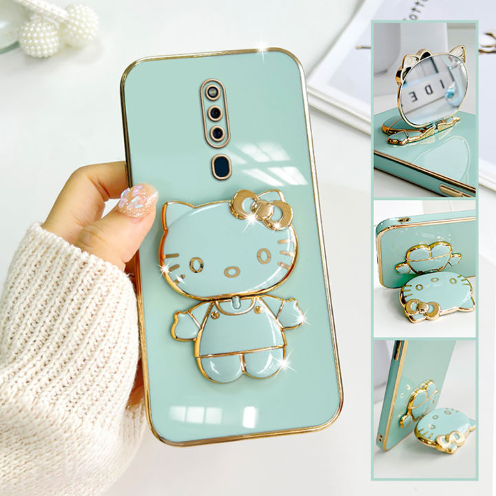 Hontinga for OPPO F11 Back Cover + Makeup Mirror Lovely Folding Bracket Case For Gilrs Luxury 6D Plating Soft Silicone Phone Cases