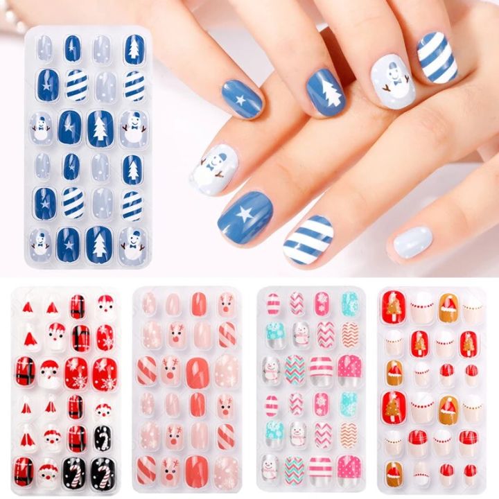 24pcs Box Christmas Nails Children Full Cover False Nails Press on Nails Self-adhesive Nail Tips Kids Nail Art Decorations