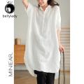 Women Linen Shirt Retro Button Design Half-sleeve Solid Color Casual Mid-length Blouse Tops. 