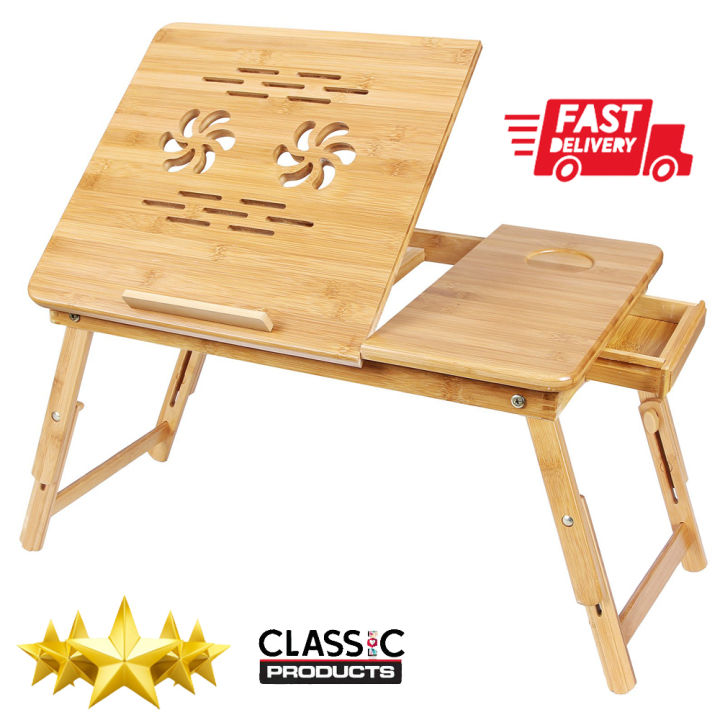 Multipurpose foldable adjustable laptop table stand for bed and sofa with USB cooling fan and drawer