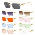 Rimless Rectangle Sunglasses Retro Clear Ocean Lens Sun Glasses Cheetah Decoration Shades Fashion UV400 Eyewear for Women Men. 
