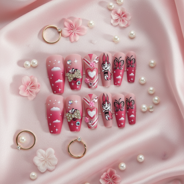 12Pcs Power Puff Girls Fake Nails with Glue DIY Art Design False Nails ...