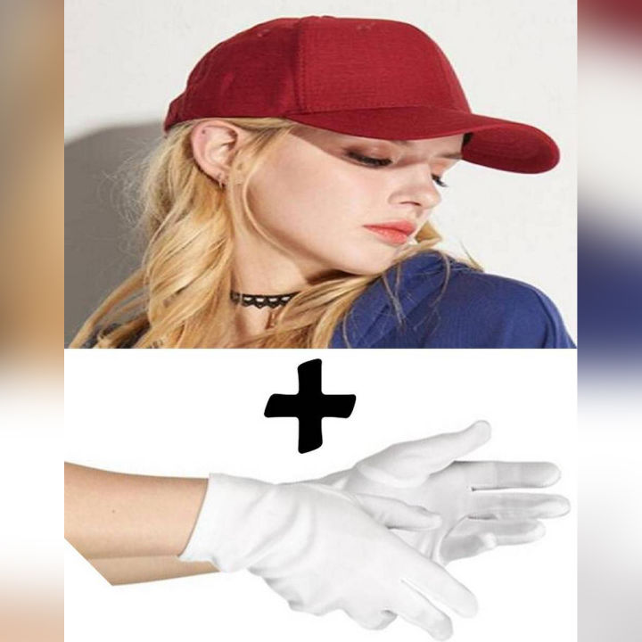 Cap For Girls And Pair Of Gloves Sun Block Beautiful Red Color