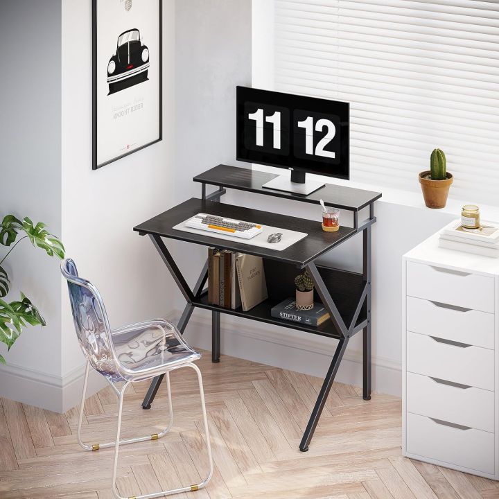mall Computer Desk, 27.5 inch Desk for Small Spaces with Storage, Compact Table with Monitor & Storage Shelves for Home Office, Modern Style Laptop Desk