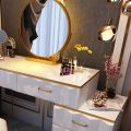 Modern White Dressing Table Set with Mirror and Tufted Stool - Geometrical Design - Makeup Vanity Desk with Storage Cabinet - Ideal for Ladies' Bedroom, Studio, and More. 