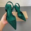 Trending High heel sandals women's shoes green rhinestone wedding toe mules. 