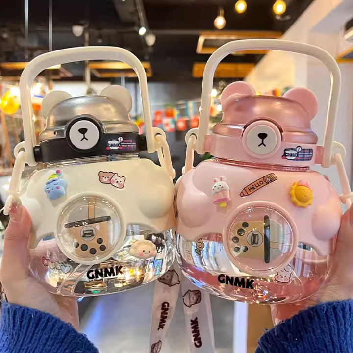 Kawaii Jumbo Boba Water Bottle Cute Bear Bubble Tea Juice Travel Portable Straw School Drinking Bottle For Adult Kids 1100/800ml
