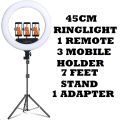 Professional 45CM Ringlight with 7Feet Tripod Stand Touch Button Remote Adapter High Quality Ring Light with Remote 3 Mobile Holder 7 Feet Stand for Vlog Tiktok Shorts Videos. 