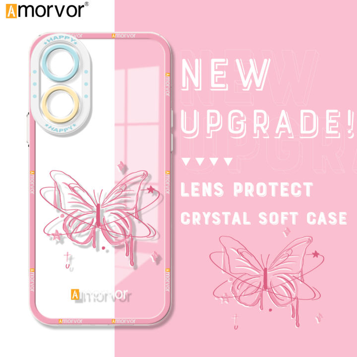 AMORVOR for OPPO A17 A17K Back Cover Cartoon Butterfly Crystal Phone Cover Camera Protection Transparent TPU Soft Case