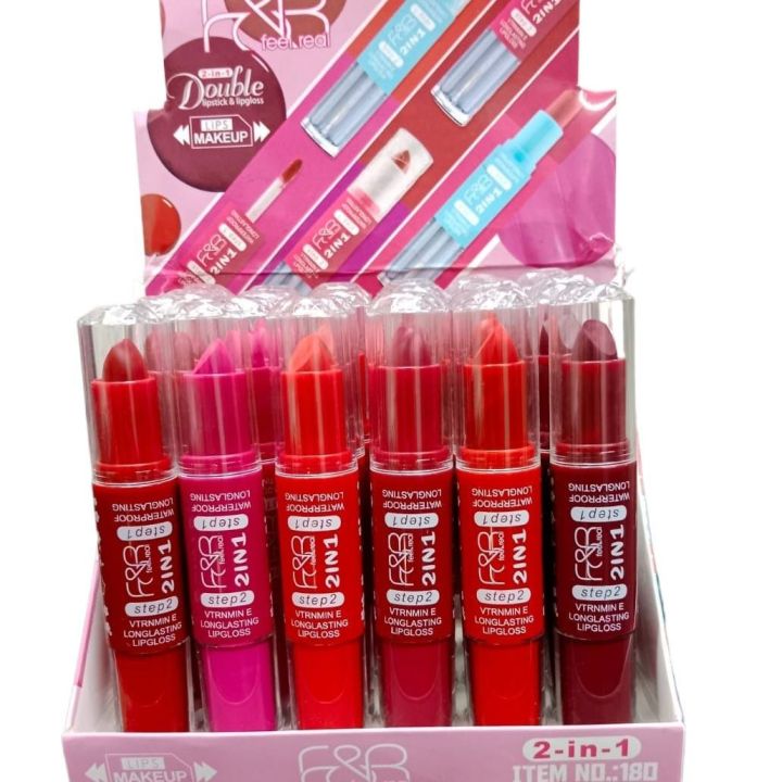 1 PCS Feel & Real 2 IN 1 Double Lipstick & Lipgloss Step 1 & Step 2 longlisting waterproof Pink