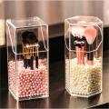 Acrylic Makeup Brush Holder With Pearls, Cosmetic Brush Case With Dustproof Lid, Countertop Brushes Holder. 