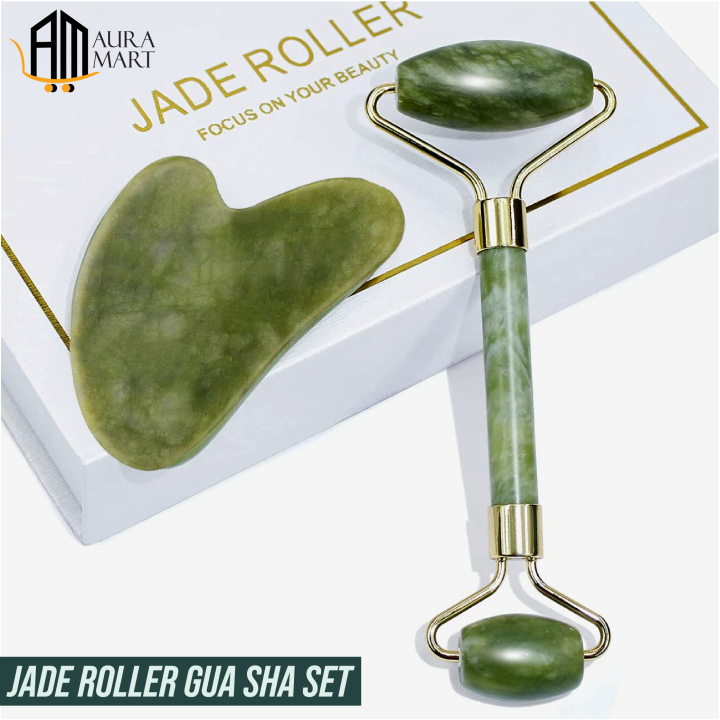 Jade Roller and Gua Sha Set, Skin Care Tool, Face Roller, Natural Stone Jade Roller with Gua Sha, Anti Aging Facial Massage Roller, Neck and Eye Treatment Face Roller for Skin Care Routine, Stone Roller for Fine Lines and Wrinkles Beauty Treatment
