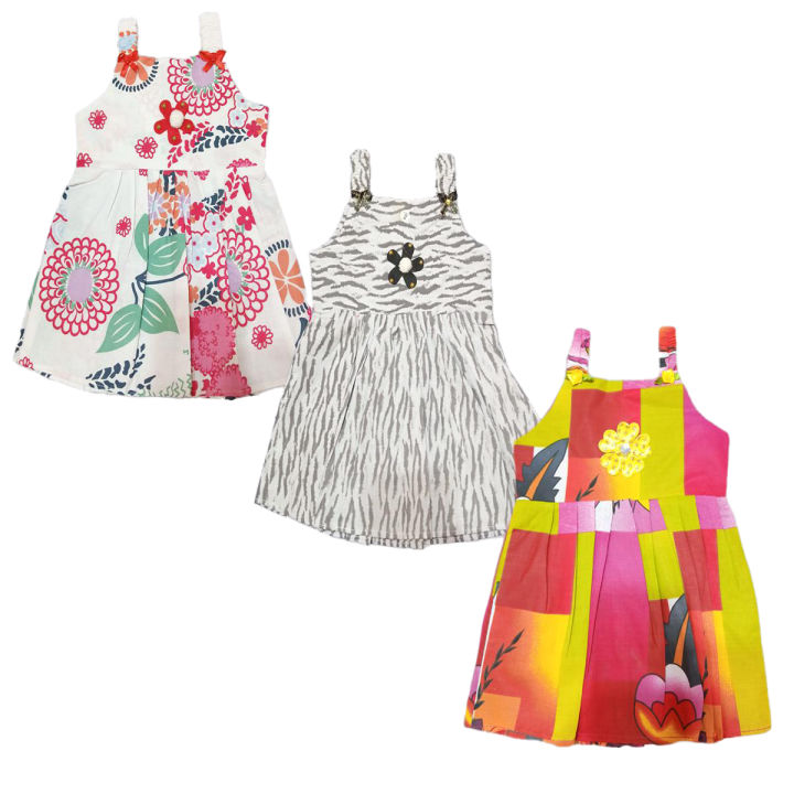 SJ Store & Collection - Pack Of 3 - Summer Multicolored & Multi print Cotton Frocks For Girls - Baby Dress - Baby Frocks