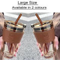 450ml Glass Tumbler with Straw, Lid & Leather Sleeve, Reusable Coffee Mug for direct drinking, Mug for Fruit Juice and Milk Shake Coffee Cup. 
