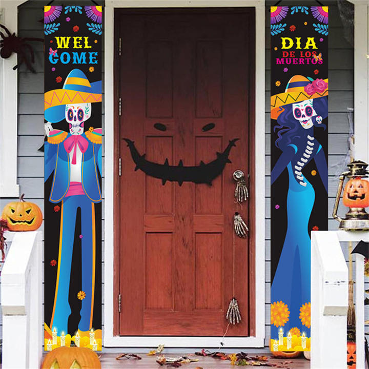 Day Of The Dead Hanging Flags Mexican-themed Party Decorations Halloween Porch Sign Skeleton Couple Party Decoration Hanging Door Curtain Banner