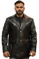 Men's Black Genuine Leather Coat - Long Notched Collar, Button Closure, Elegant Design with Front Pockets | Perfect for Formal & Casual Wear. 
