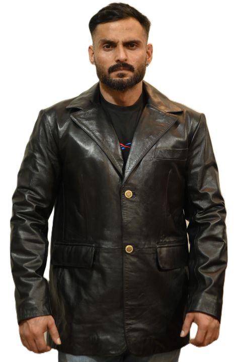 Men's Black Genuine Leather Coat - Long Notched Collar, Button Closure, Elegant Design with Front Pockets | Perfect for Formal & Casual Wear