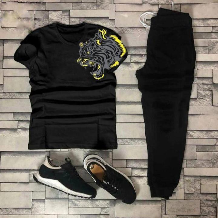 TIGER DESIGN sticker printed Tracksuit for Men & Boy  half Sleeves T-Shirt & Trouser T gym wear Tshirt soft and comfortable summer wear track suit fabric  Teeshirt  for Summer Collection Elegant Trendy Wear