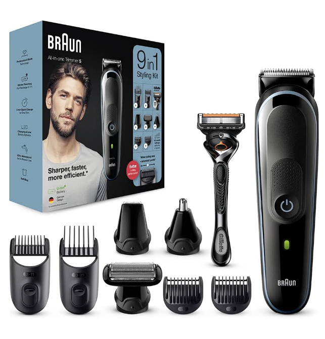 BRAUN All-in-one trimmer 5 for Face, Hair, and Body, Black/Blue 9-in-1 styling kit with Gillette Fusion5 ProGlide razor, MGK5280