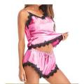 (Customized) Style up Pink Satin Cami Short Pajama Set With Black Lace hot nighty dress, girls nighties, sexy nighty dress,, daraz nighty, nighty for women, nighty. 