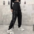 Women Men Cargo Pants Chain Pockets Ankle Trousers High Waist Chain Hip-hop Punk Black Harem Pants Streetwear. 