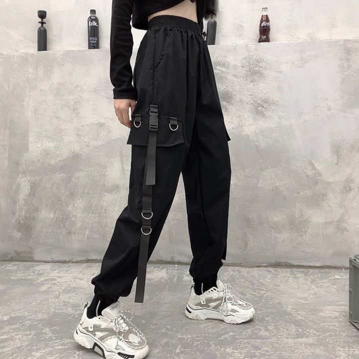 Women Men Cargo Pants Chain Pockets Ankle Trousers High Waist Chain Hip-hop Punk Black Harem Pants Streetwear