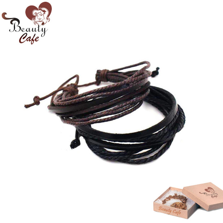 2 Pcs - Leather Bracelet Multilayer For Girls and Women - Ladies Girl Bead Hand Bracelets Wristband - Black and Brown