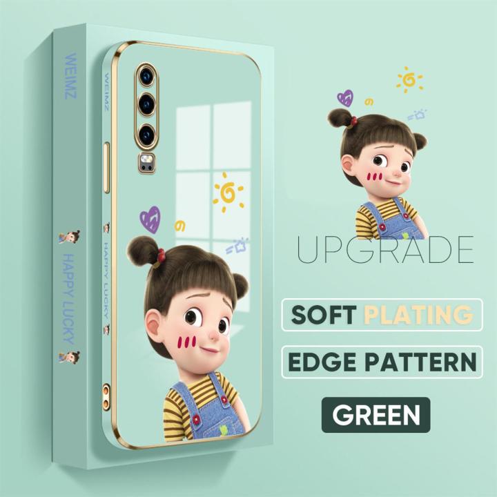 TA for Huawei P30 Back Cover + Free Lanyard Naughty Girl Luxury 6D Plating Case Side Pattern Soft Silicone Square Phone Cases
