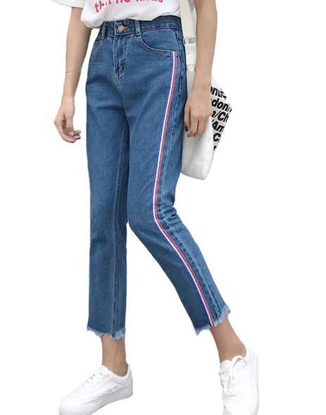 3 Color Stripped Loose Fit Blue Jeans For Women
