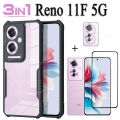 For OPPO Reno 11F 5G Shockproof Phone Case RENO 11 F 5G 3in1 Tempered Glass Front Film and Back Lens Protector. 