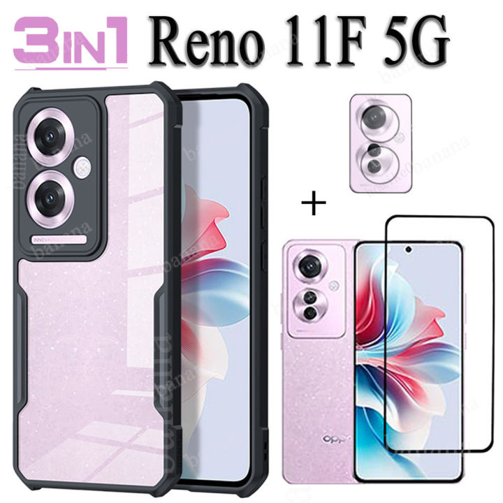 For OPPO Reno 11F 5G Shockproof Phone Case RENO 11 F 5G 3in1 Tempered Glass Front Film and Back Lens Protector