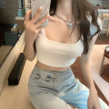 Women Short Sleeve Crop Tops Solid Color Low-Cut Square Neck T-Shirt Summer Casual Tight-Fitting Slimming Shirt. 