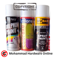 spray paint  , (one Bottle) Golden, Black, White, Red, Brown, yellow ,matt black, Blue, Pink, Voilet, orange, green, cream white, naval Grey, silver, Chrome، Lacquer, Beige . (mubah, colorexe, lotus, Win Plus , feather, GoldenMax، artiza،  etc. 