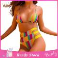 Women Swimsuit Deep V-neck Rainbow Color Push-up Splitted Swimwear. 