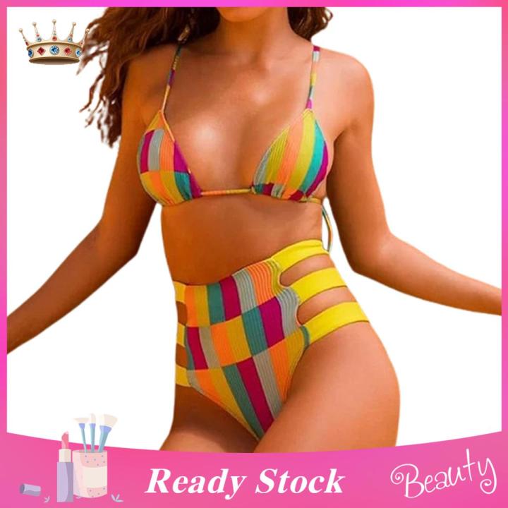 Women Swimsuit Deep V-neck Rainbow Color Push-up Splitted Swimwear