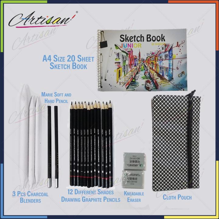Artisan - 21 Pcs Artist Sketching Set Includes A4 Size 20 Sheet Sketch Book, 12 Different Shades Drawing Graphite Pencils, 3 Pcs Charcoal Blenders, Marie Soft and Hard Pencil, Kneadable Eraser For Charcol Pencil, Cloth Pouch