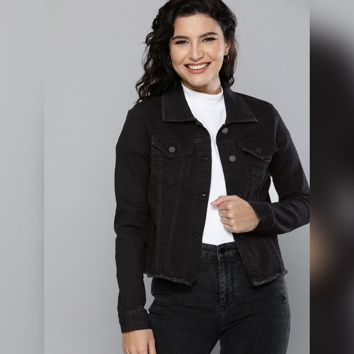 Long black denim jacket womens best sale